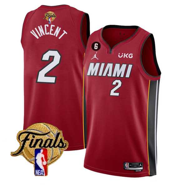 Mens Miami Heat #2 Gabe Vincent Red 2023 Finals Statement Edition With NO.6 Patch Stitched Basketball Jersey